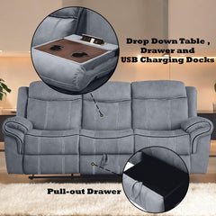 Haven Two Tone Gray Velvet Recliner Sofa w/USB Port & Drop Down Table