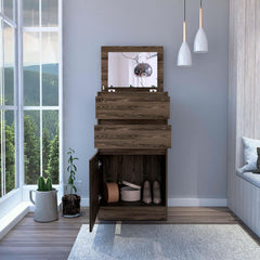Dresser 43"H, Jewelry Box, Mirror, Single Door Cabinet, Two Drawers, Dark Walnut