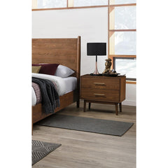 Gorgeous Walnut 3pc Bedroom Set King Size Bed 2x Nightstands Beige Upholstered Fabric Winged Edge Panel HB Mid-Century Modern Style