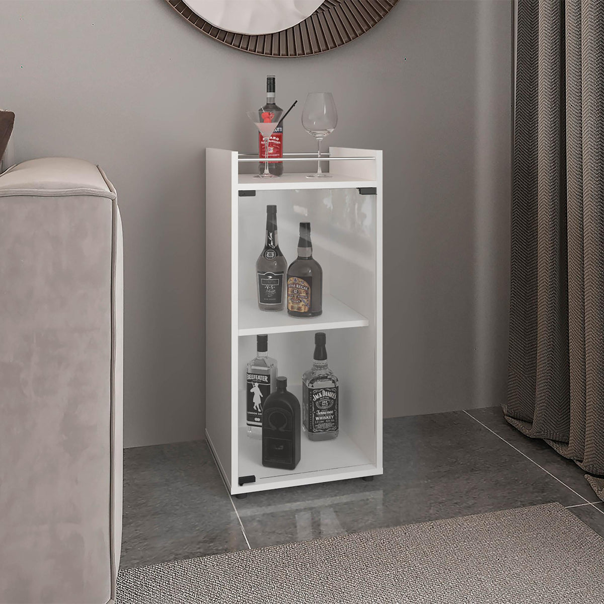 Crest Minibar Cabinet Two Doors, Open Shelf And Compact Design, Modern Bar Storage, White