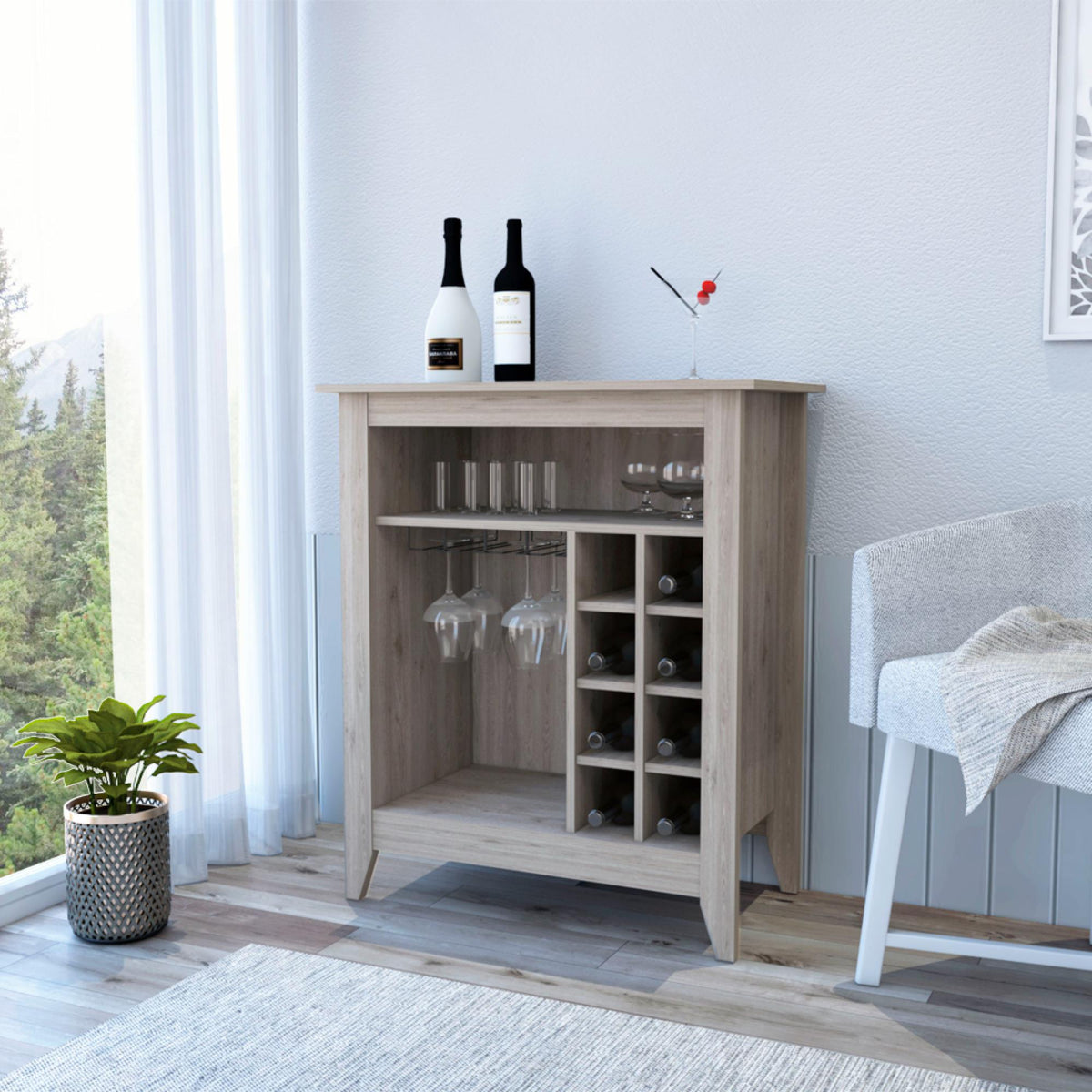 Bar- coffee cart 38" H, Kitchen or living room cabinet storage, with 8 bottle racks, a central shelf with  1 Cup holders, ideal for storing glasses, Light Gray