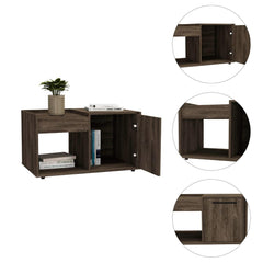 Theseus Coffee Table, Single Door Cabinet, One Open Shelf -Dark Walnut