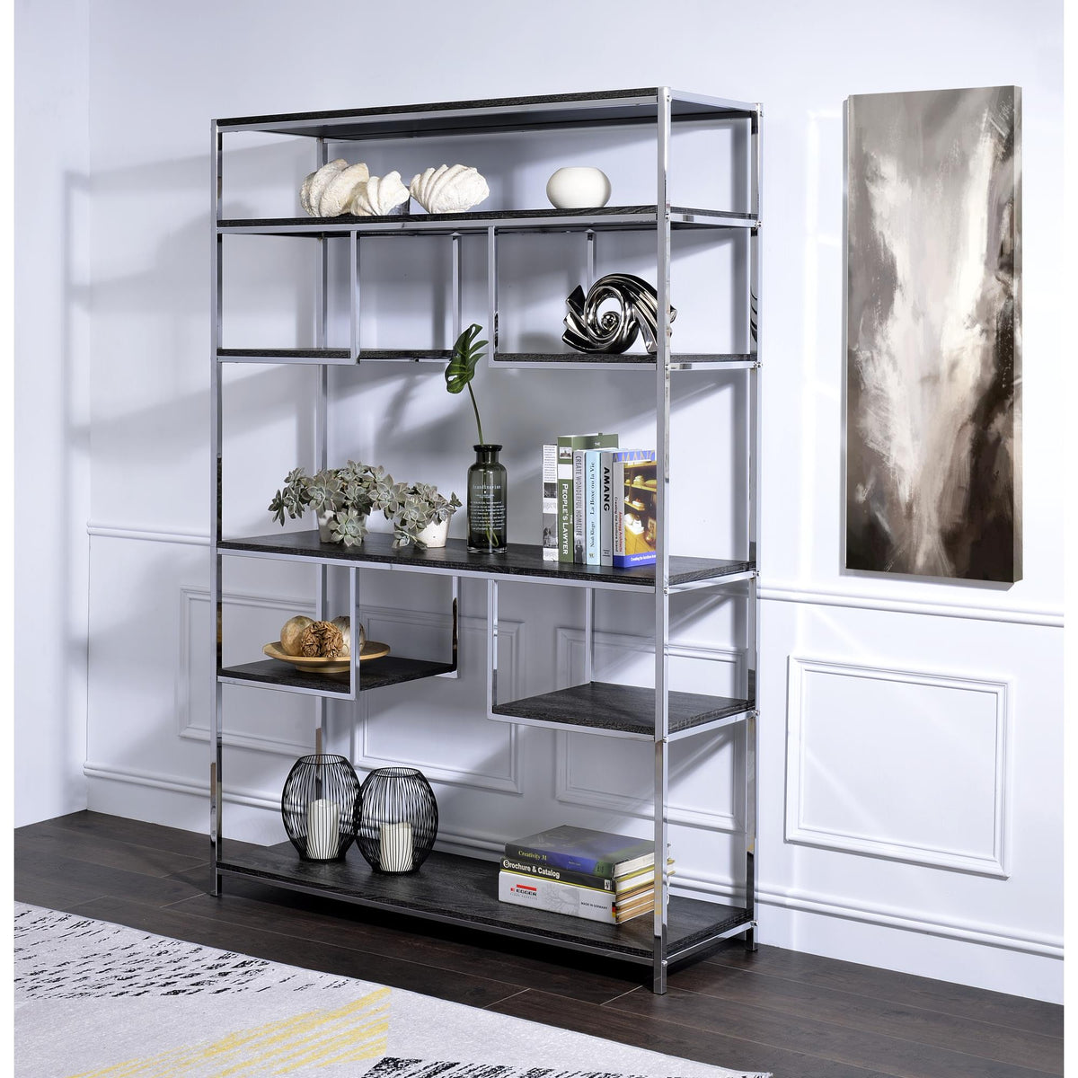 Story Rustic Gray Oak & Chrome Finish Bookshelf