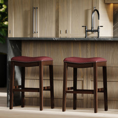 Story H Bar-Height Wood Barstool with Red Faux-Leather Seat, 1PC