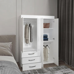Clytemnestra Adjustable Armoire, Rods, Double Door Cabinet, Three Drawers, Two Shelves White