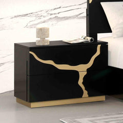 Contemporary Style 1pc Nightstand Gold Paint Pattern French And English Dovetail Drawers Black And Gold Finish Bedroom Furniture