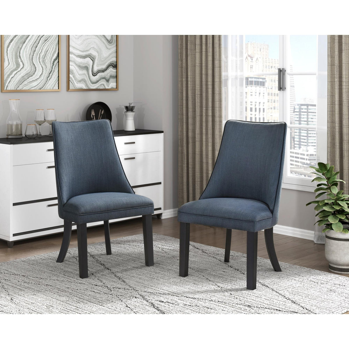 Blue Textured Fabric Upholstered Side Chairs Set of 2, Dark Walnut Finish Wooden Legs Modern Dining Kitchen Furniture