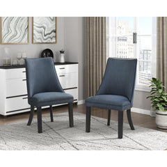 Blue Textured Fabric Upholstered Side Chairs Set of 2, Dark Walnut Finish Wooden Legs Modern Dining Kitchen Furniture
