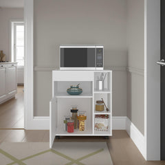 Helen Microwave Cart and Cabinet, Freestanding Compact Sideboard with One Door Cabinet, Appliance Surface, 3 Side Open Shelves and One Open Upper Shelf, White