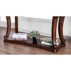 Sofa Table Dark Oak Finish Traditional Style 5mm Tempered Glass Top Cabriole Glass Ornate Carved Detail