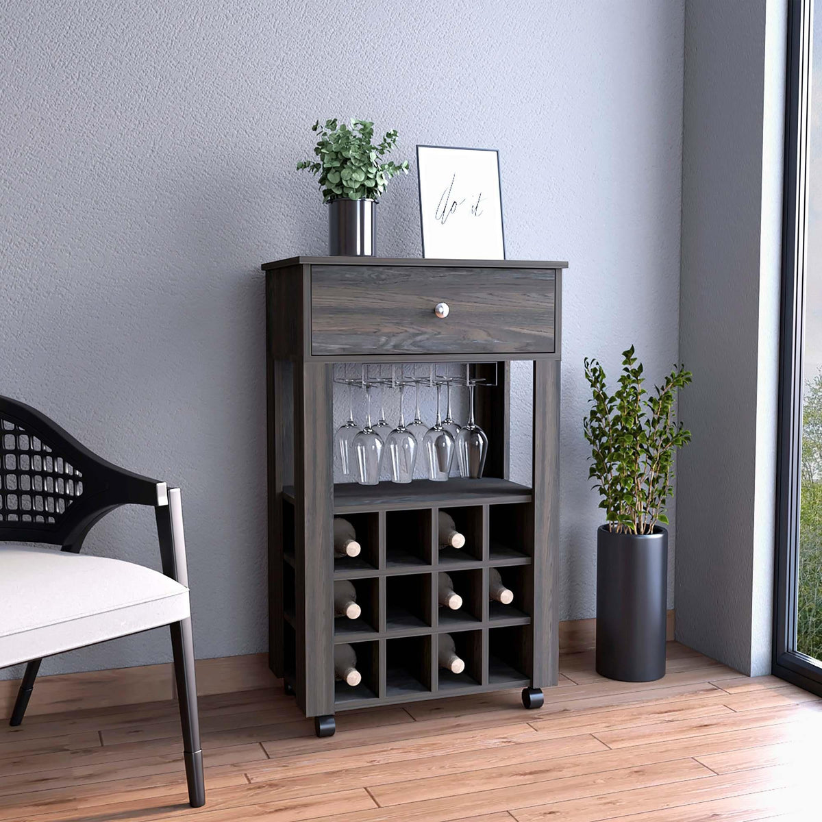 CASSANDRA E-SHOP Margh Bar Cart Drawer, Carbon Espresso