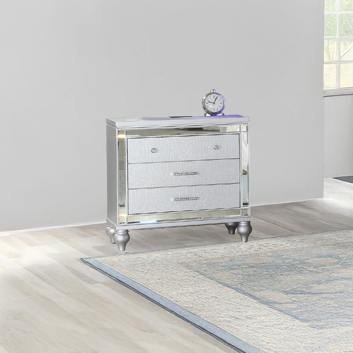 Utopia Modern Style Mirror Framed 3-Drawer Nightstand Made with Wood in Silver