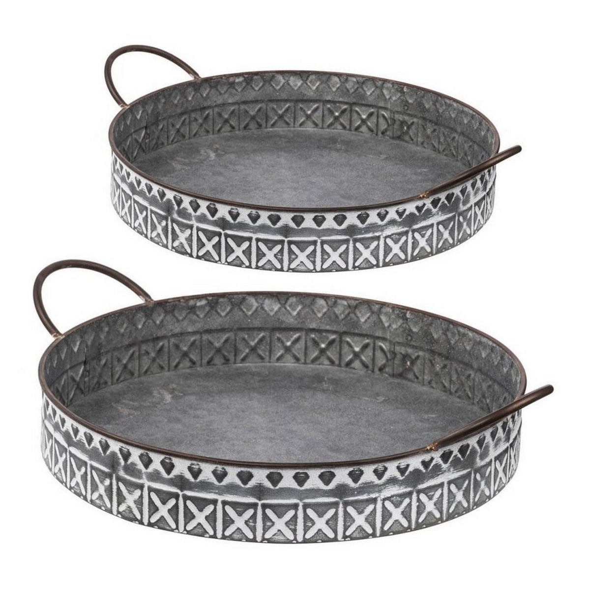 18, 20 Inch Set of 2 Round Serving Trays with Handles, Galvanized Gray Iron