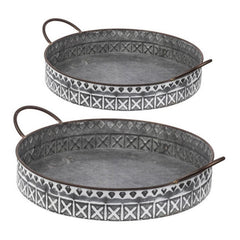18, 20 Inch Set of 2 Round Serving Trays with Handles, Galvanized Gray Iron