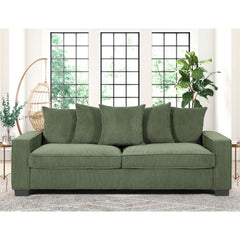 Odysseus Corduroy Sofa with 5 Matching Toss Pillows, Sleek Design, Spacious and Comfortable 3 Seater Couch for Modern Living Room, 88" Wide , Dark Green