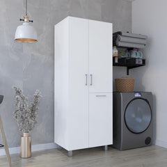 Saturn 71" High Two-Door Broom Closet With Hamper, Four Shelves, Hangers, Storage Closet, Pantry Cabinet