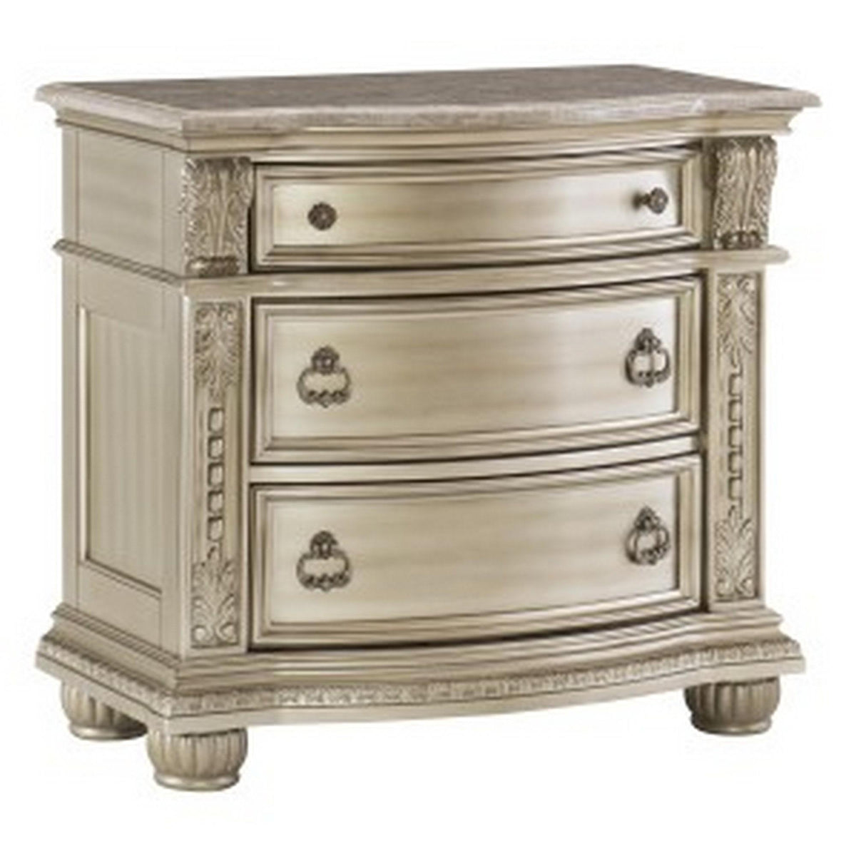 Lyric 35 Inch 3 Drawer Nightstand with Marble Top, Leaf Carvings, Silver