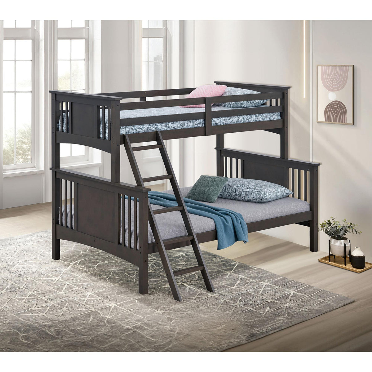 Modern Transitional Style Twin Over Full Bunk Bed With Ladder And Grey Mix Finish