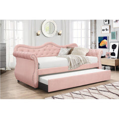 Helen Modern Style Upholstered Velvet Wood Daybed with Trundle in Pink