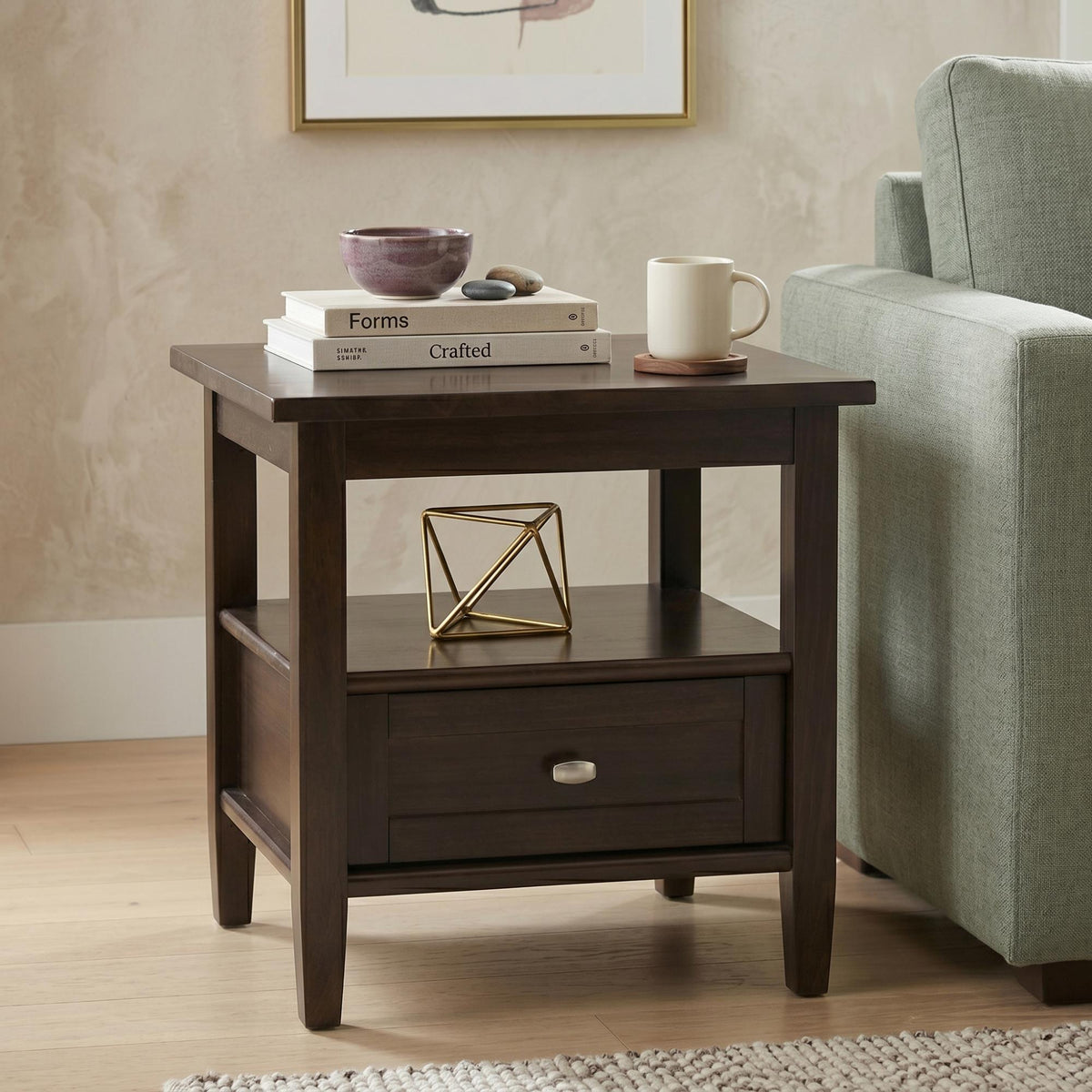 Warm Shaker Solid Wood 20 inch Wide Transitional End Table in Tobacco Brown