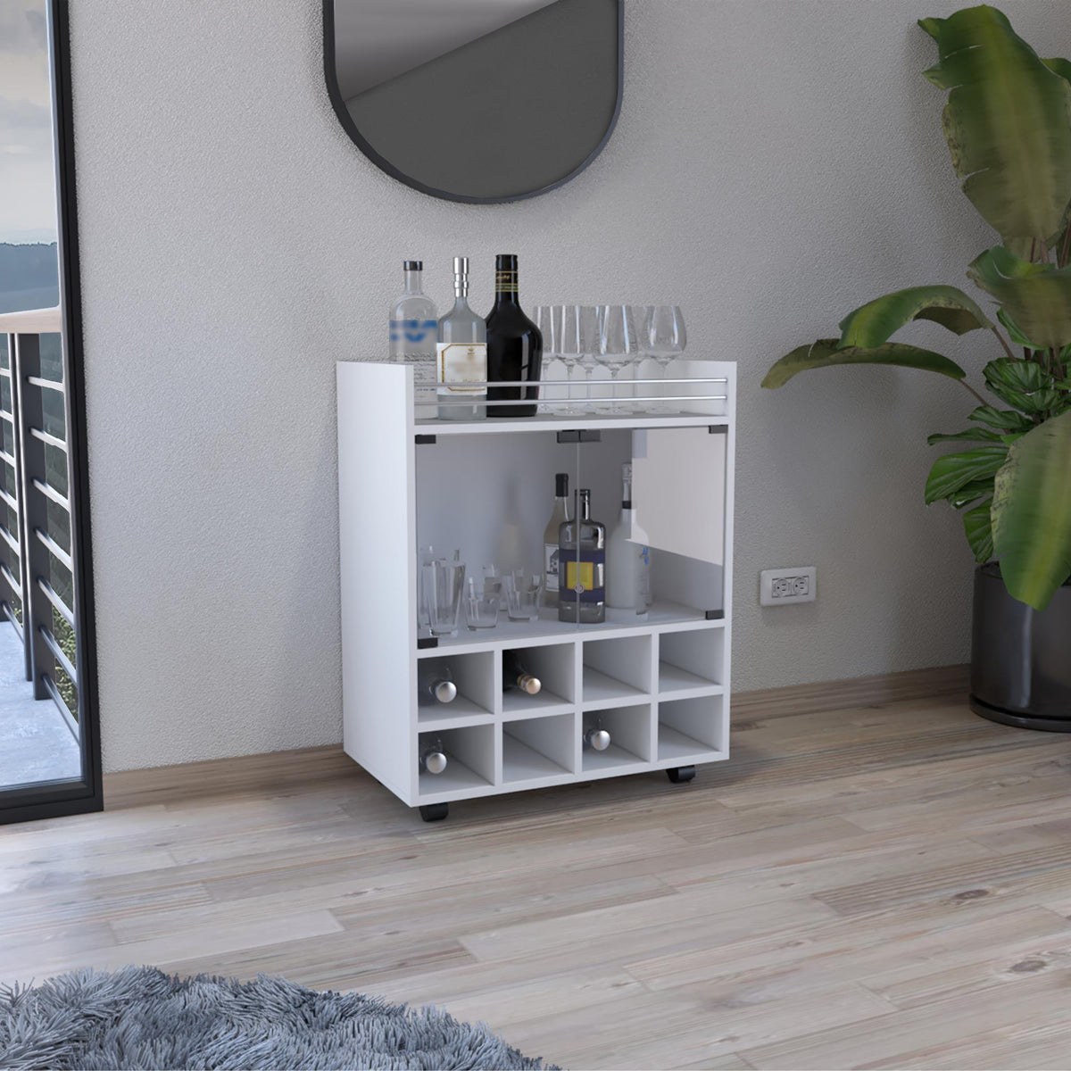 Avalon Andrews Bar Cart with Built-In 8-Bottle Rack, Double Glass Door Cabinet, and Aluminum-Edged Top Surface
