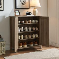 Saturn cabinet storage cabinet entryway cabinet with two doors slat style vented doors metal knob handle four shelves Dark Taupe color