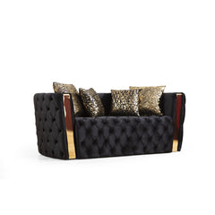 Revelation Button Tufted Loveseat with Velvet Fabric and Gold Accent in Black