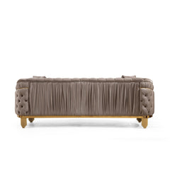 Clytemnestra Modern Style Button Tufted Sofa Made of Wood and Gold Coated Metal Legs in Taupe Color