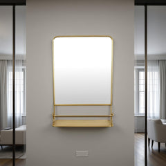 Sonata Wall Mirror Decoration with Shelf, 17 x 24, Gold Metal