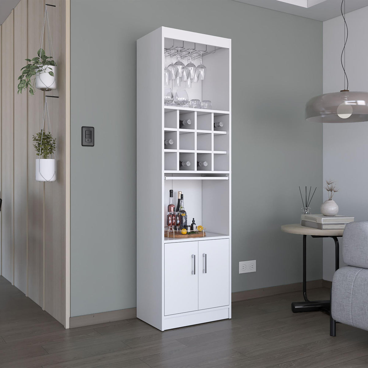 Infinity 71-Inch Tall Bar Cabinet 5-Tier Modern Bar Cabinet with Glass Holder Stemware Rack, Wine Cabinet, Liquor Cabinet, 12 Bottle Cubbies, 5 Shelves, and Pull Out Tray