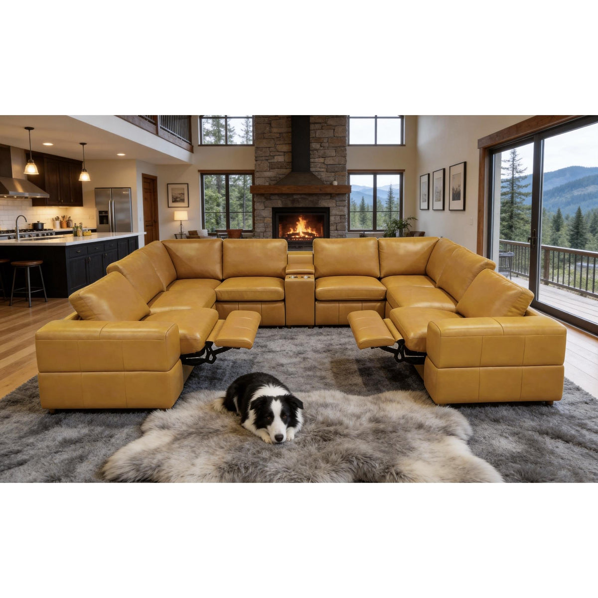 Premium Leather Match Upholstered Large Arms Sectional with Two Recliner Seats