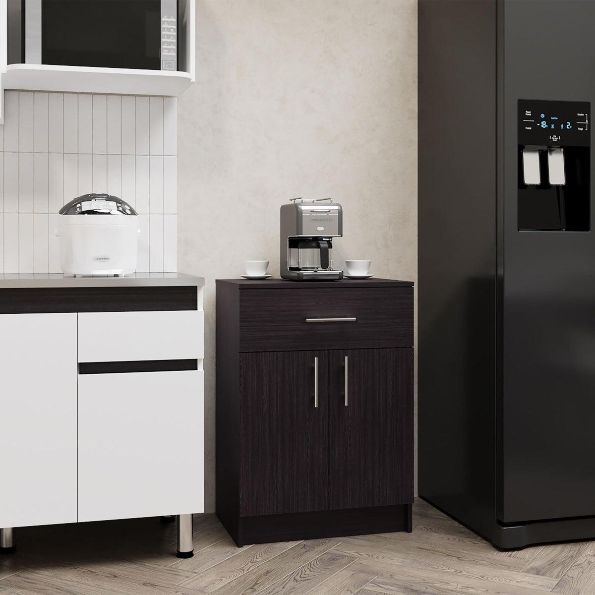 Andromache Multistorage Pantry Cabinet, One Drawer, Two Interior Shelves Black Wengue