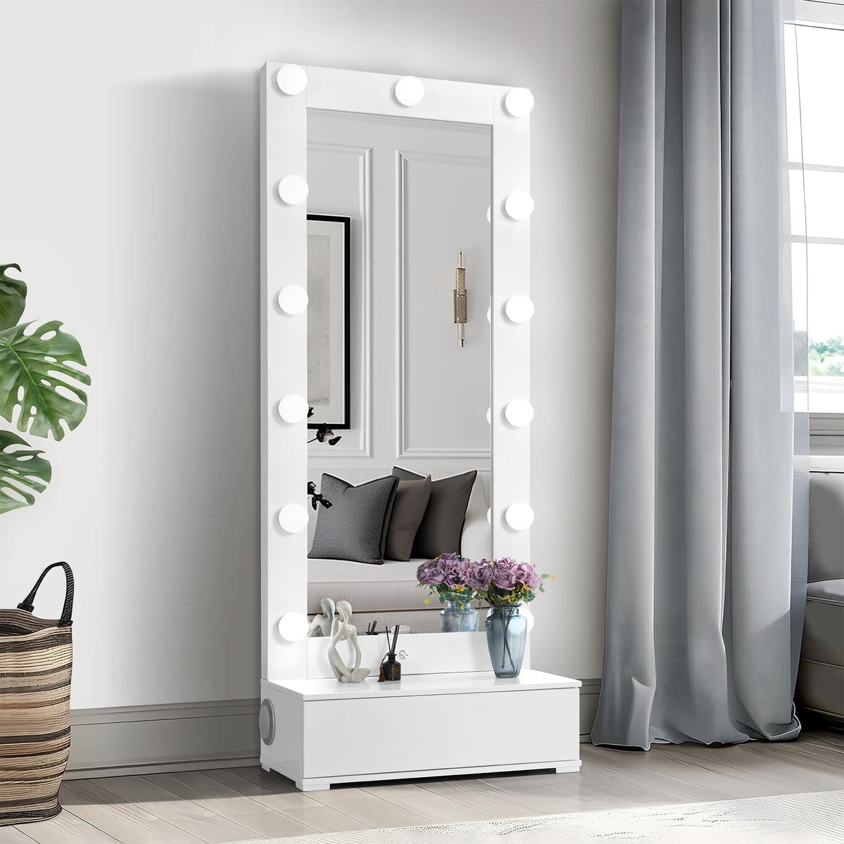 REVELATION WHITE NARROW TALL MIRROR WITH SPEAKER AND DRAWER