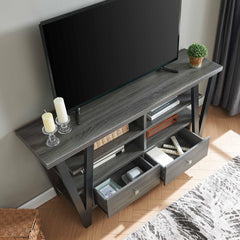 Tall TV Stand cabinet with two drawers on metal glides metal square knob handles and two divided shelf tiers