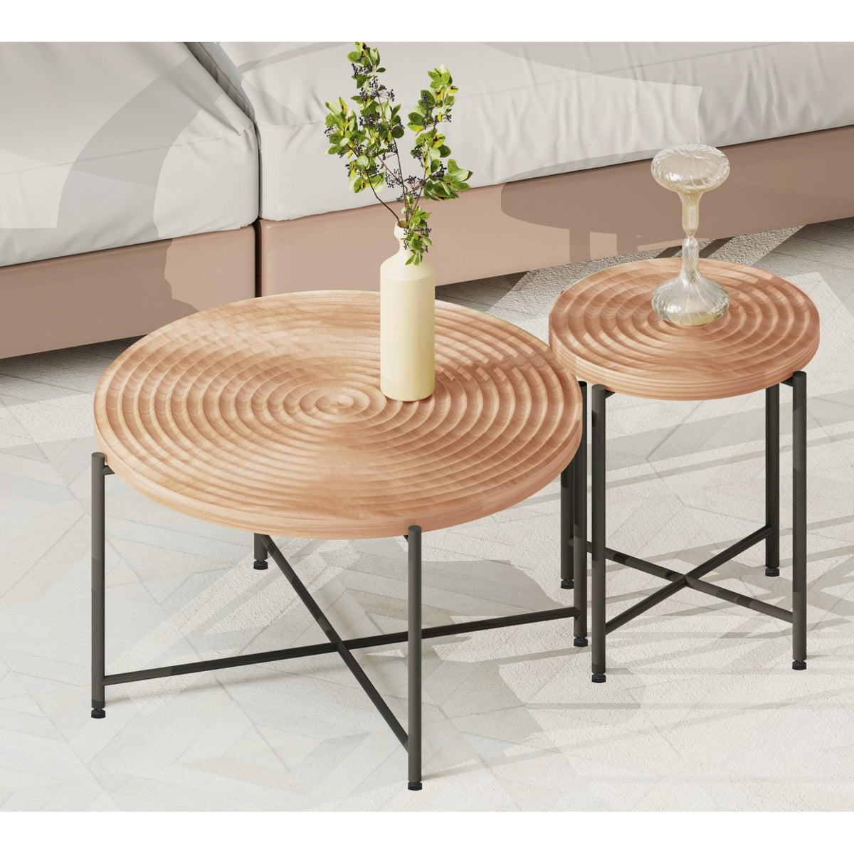2-Piece Coffee and End Table Set – Waterproof MDF with PVC Cover, Distressed Cylindrical Design, Black Metal Legs – Classic Rustic Charm, Red Cedar-Brown