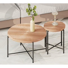 2-Piece Coffee and End Table Set – Waterproof MDF with PVC Cover, Distressed Cylindrical Design, Black Metal Legs – Classic Rustic Charm, Red Cedar-Brown