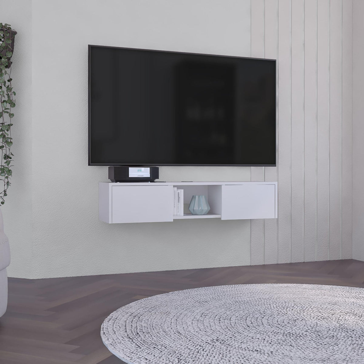 Pluto Floating TV Stand with Side Doors and Central Media Shelf