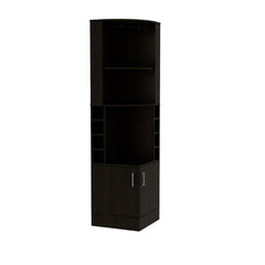 Asteroid bar cabinet 71" H, with two shelves at the top, 1 glass holder, 8 exterior bottle racks, 1 central shelf and a lower drawer with 2 side doors, black