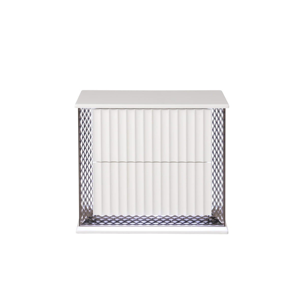 Nova Contemporary Style 2-Drawer Nightstand Made with Diamond-Patterned Side Accents with LED Lighting and Wood in White Finish