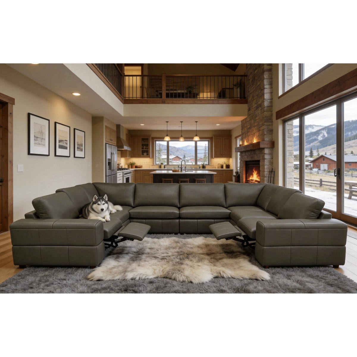 Premium Leather Match Upholstered Large Arms Sectional with Two Recliner Seats