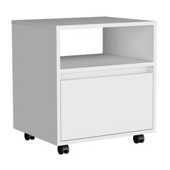 Nightstand 20"H, with One Open Shelf, 1 Drawer and Casters, White