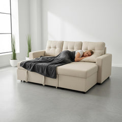 Convertible L-Shaped Sectional Sleeper Sofa Bed, Stylish Apartment Furniture, Saving Pull Out Couch for Small Spaces and Living Rooms, Beige