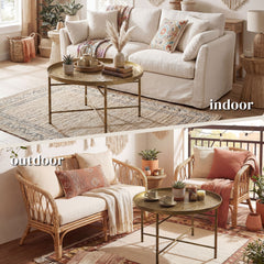 Coffee Table for Living Room, 24" Round Center Table with Hammered Tray Top and Metal Frame for Bedroom, Gold