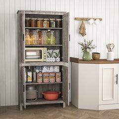 64" 4-Door Kitchen Pantry, Freestanding Storage Cabinet with 3 Adjustable Shelves for Kitchen, Gray Oak