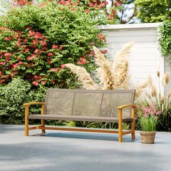 3-Seat Wicker Outdoor Couch Patio Sofa, Acacia Wood Patio Furniture with Steel Seat Armrests, 1000 LBS Capacity, Teak