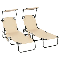 Chaise Lounge Pool Lounge Chairs Set of 2, Outdoor Sun Tanning Chairs, Reclining Back, Steel Frame and Side Pocket, Tan