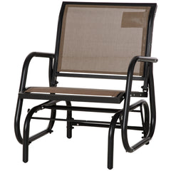 Porch Glider, Metal Frame Swing Glider Chair with Breathable Mesh Fabric, Curved Armrests and Steel Frame for Garden, Poolside, Backyard, Balcony, Brown
