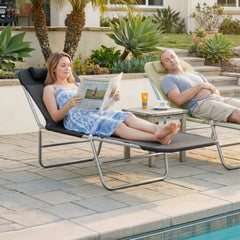 Folding Chaise Lounge Pool Chairs, Outdoor Sun Tanning Chairs with Pillow, Reclining Back, Steel Frame & Breathable Mesh for Beach, Yard, Patio, Black