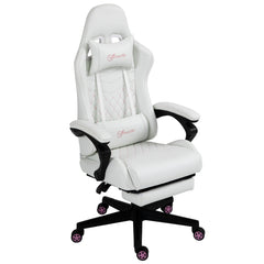 High Back PU Leather Gaming Chair, Racing Computer Chair with Swivel Wheels, Retractable Footrest, Headrest, Lumbar Support, and Armrest, White and Pink