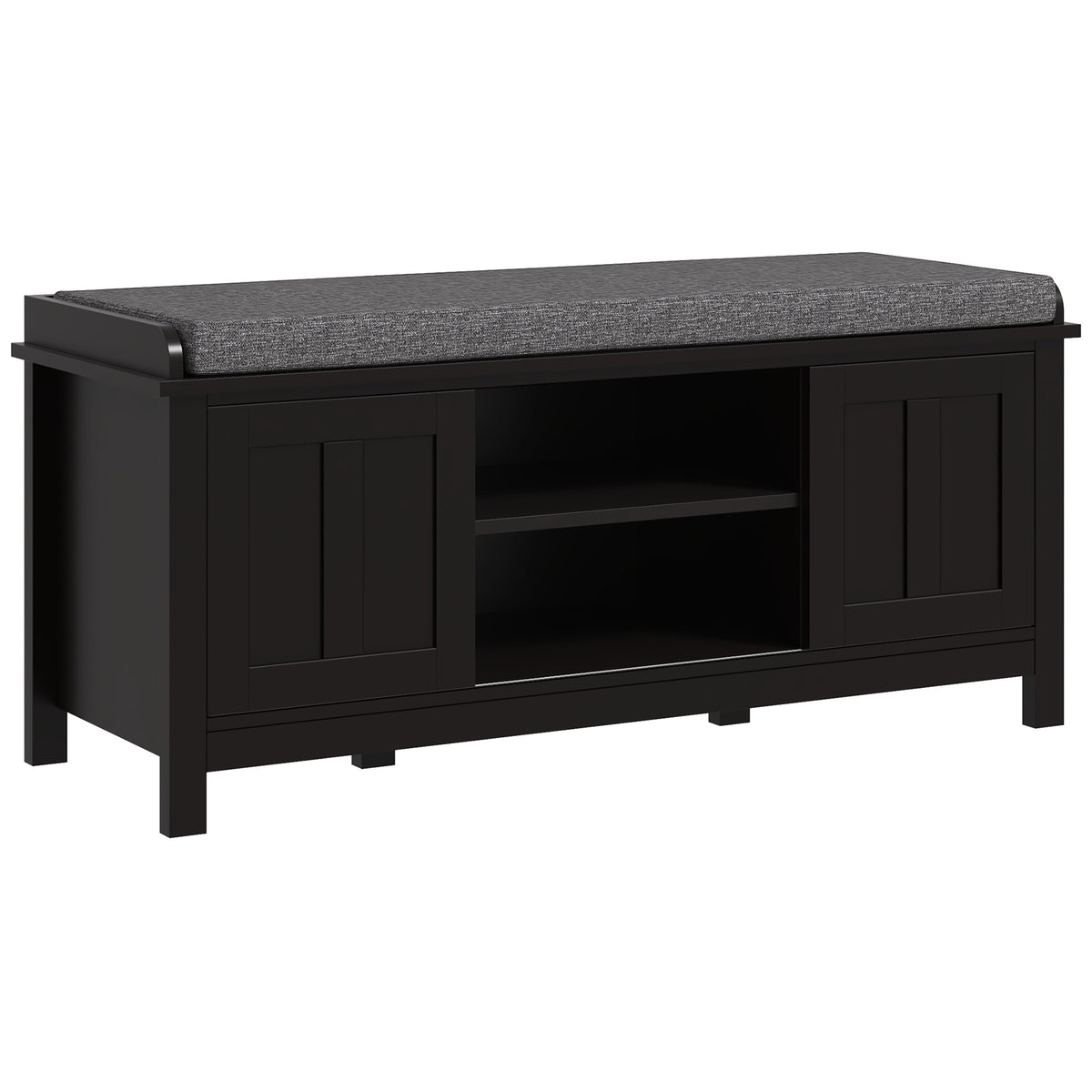 Modern Shoe Storage Bench, Entry Way Bench with Cushion, 2 Sliding Doors, Storage Ottoman Bench, Holds 10 Pairs, Black